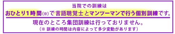 当院での訓練は、 おひとり１時間（※）で言語聴覚士とマンツーマンで行う個別訓練です。 現在のところ集団訓練は行っておりません。 