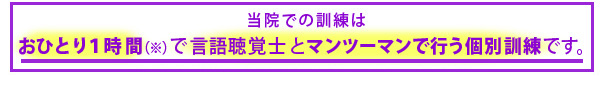 当院での訓練は、 おひとり１時間（※）で言語聴覚士とマンツーマンで行う個別訓練です。